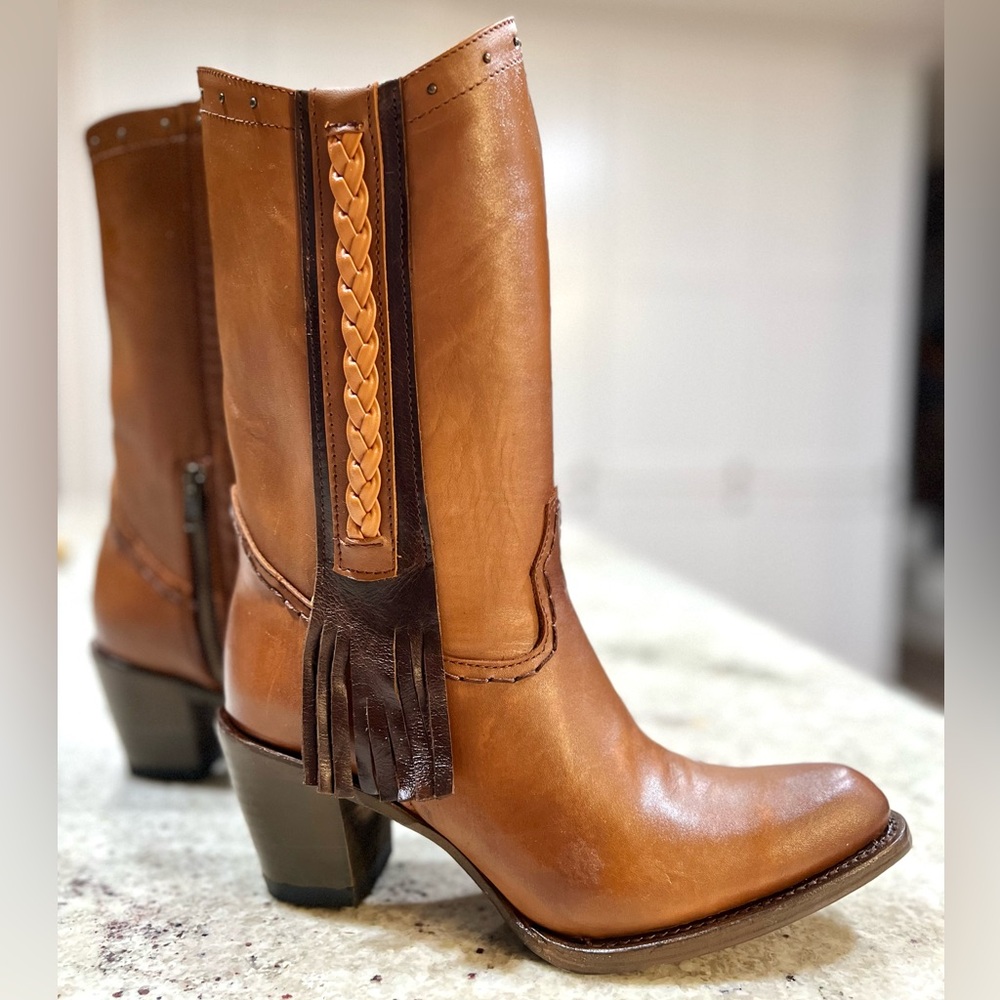 Women's ReYme Tan Leather Western Cowboy Boots with Fringe (NEW)